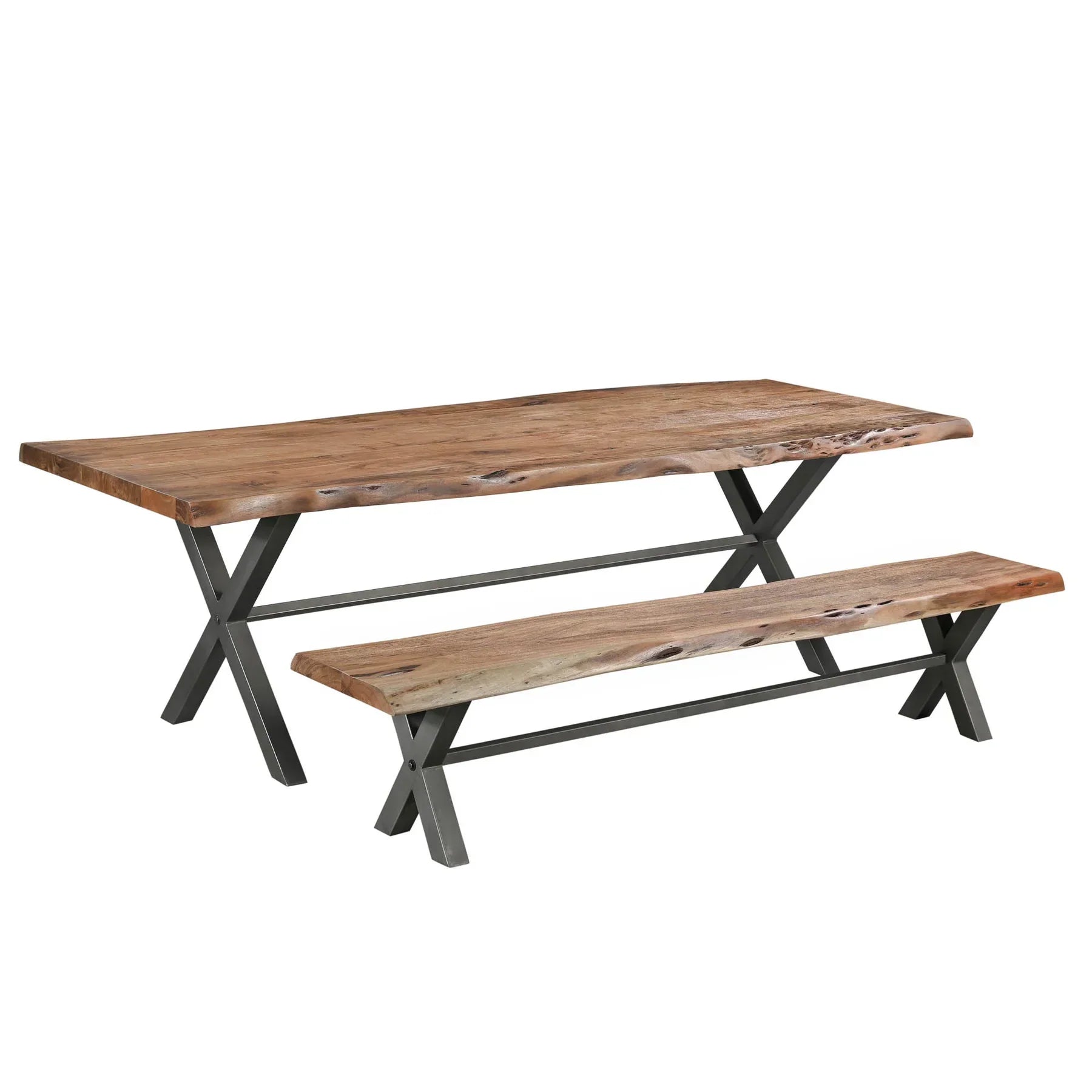 Front view of the Restore bench featuring a natural live-edge acacia wood top and black metal X-frame legs