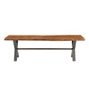 Front view of the Restore console table featuring a thick live edge solid wood tabletop and a dark grey metal X-frame base