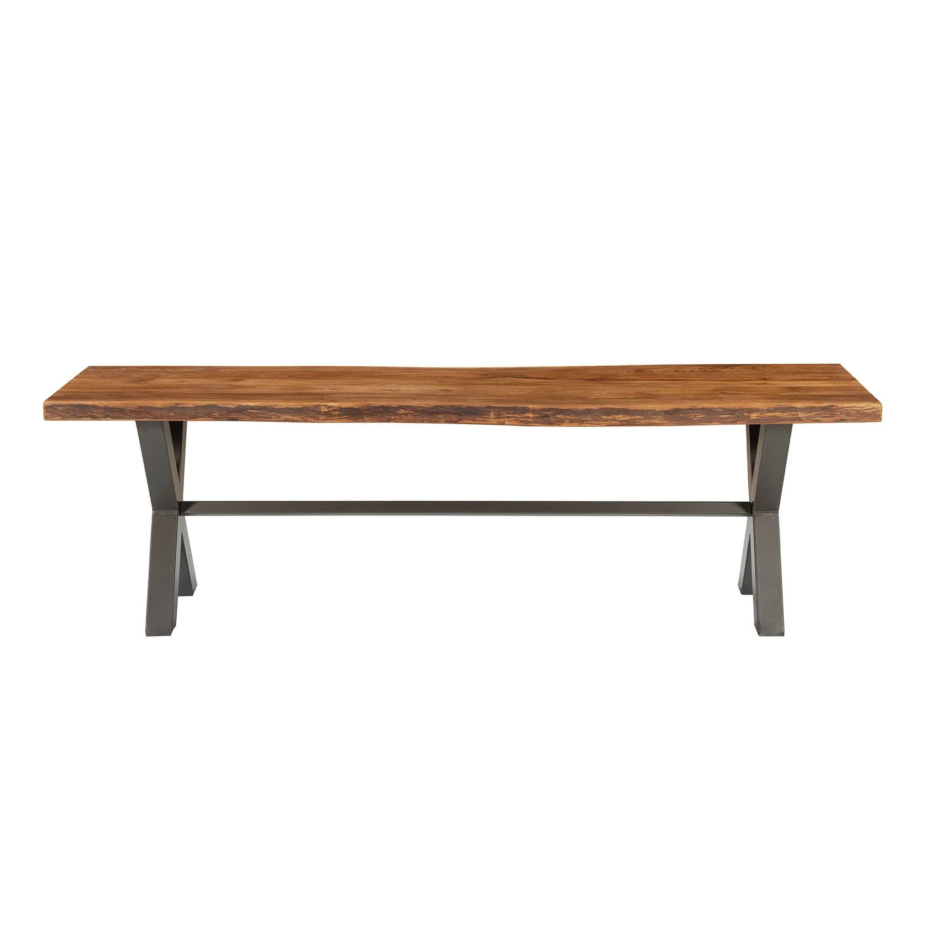 Front view of the Restore console table featuring a thick live edge solid wood tabletop and a dark grey metal X-frame base