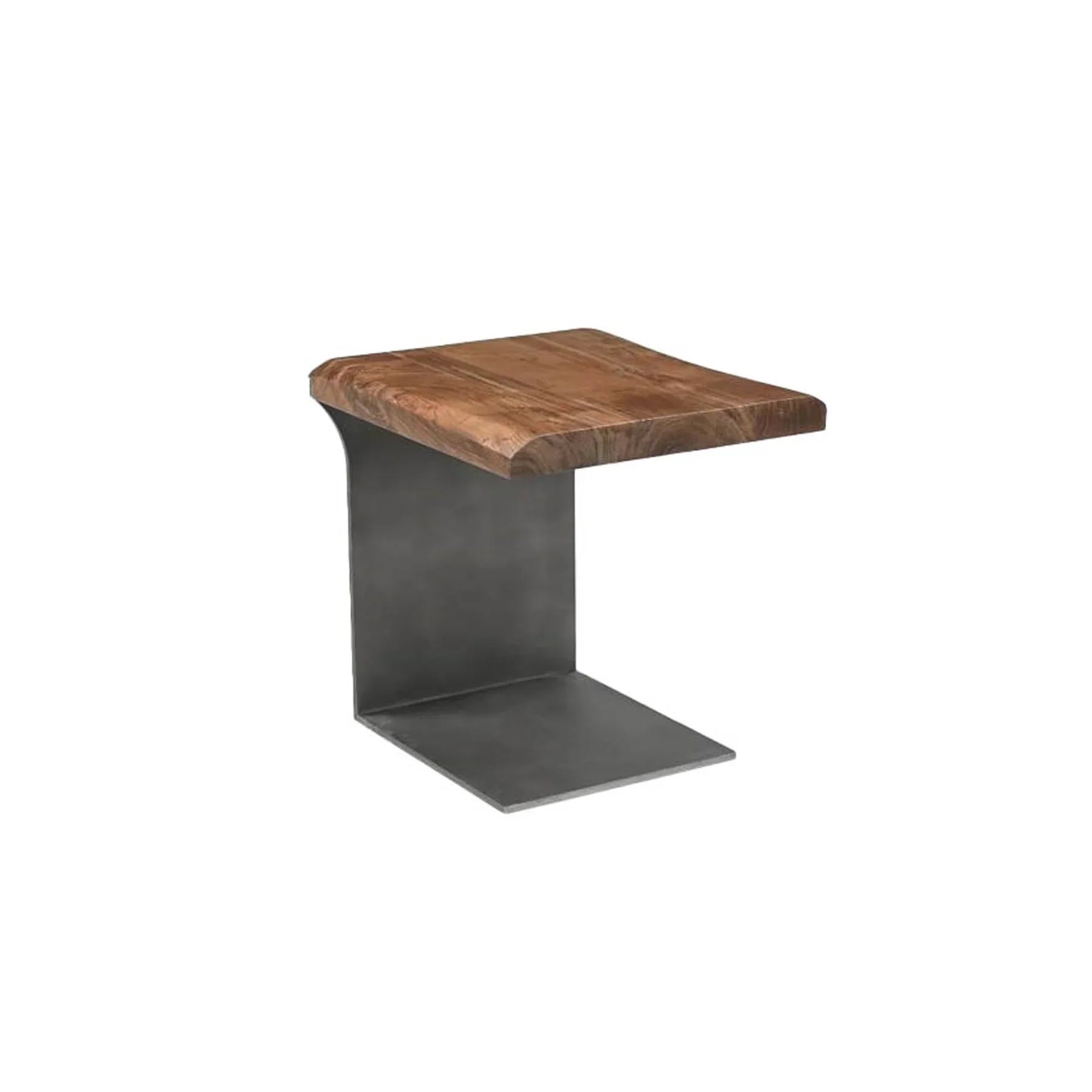 Three-quarter view of the Restore C-shaped side table featuring a thick live edge wood top and a minimalist grey metal pedestal base