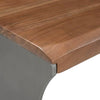 Macro view showcasing the handcrafted live edge detail and the seamless attachment to the grey metal base