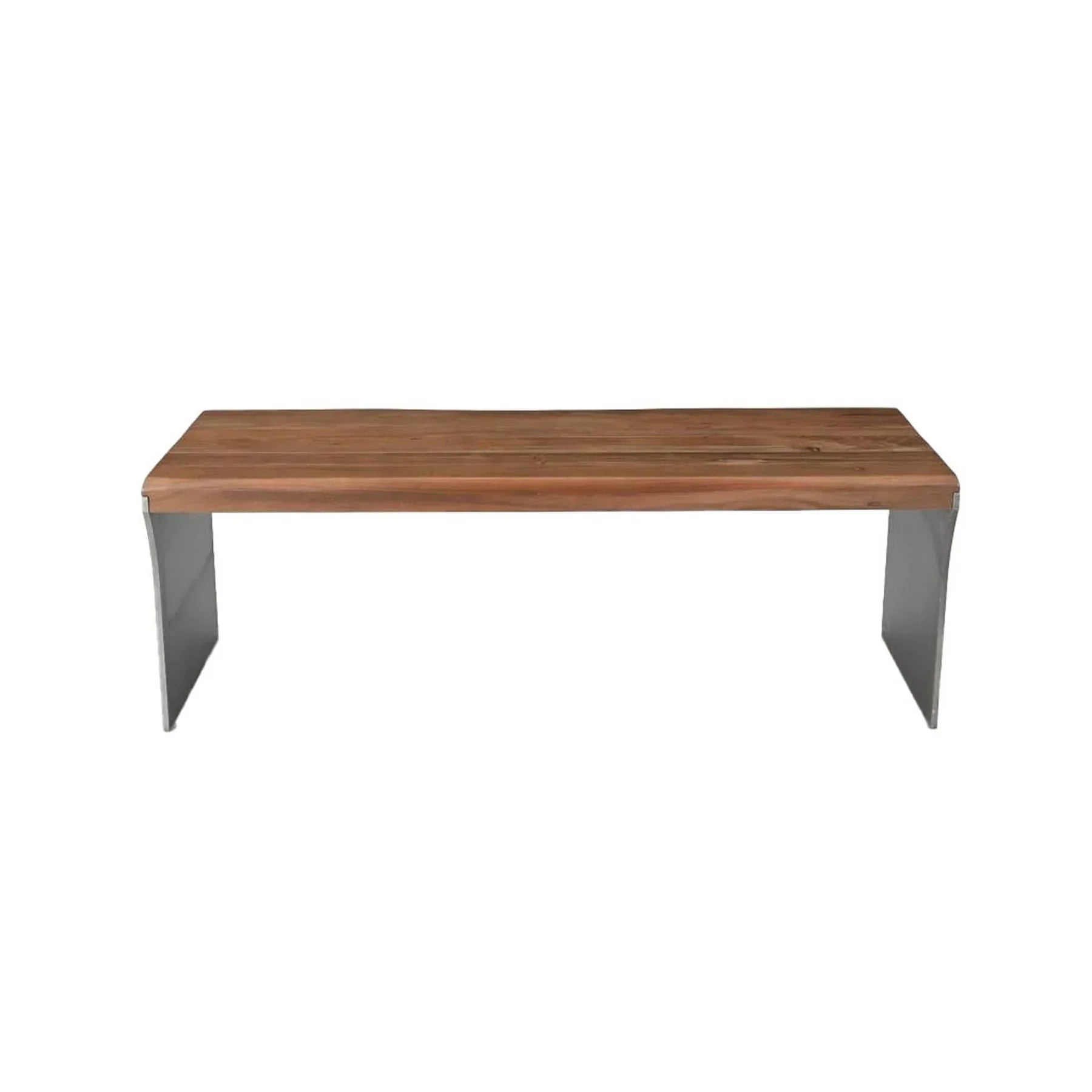 Front view of the Restore coffee table featuring a solid acacia wood top with live edges and wide grey metal slab legs