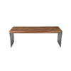 Front view of the Restore coffee table featuring a solid acacia wood top with live edges and wide grey metal slab legs