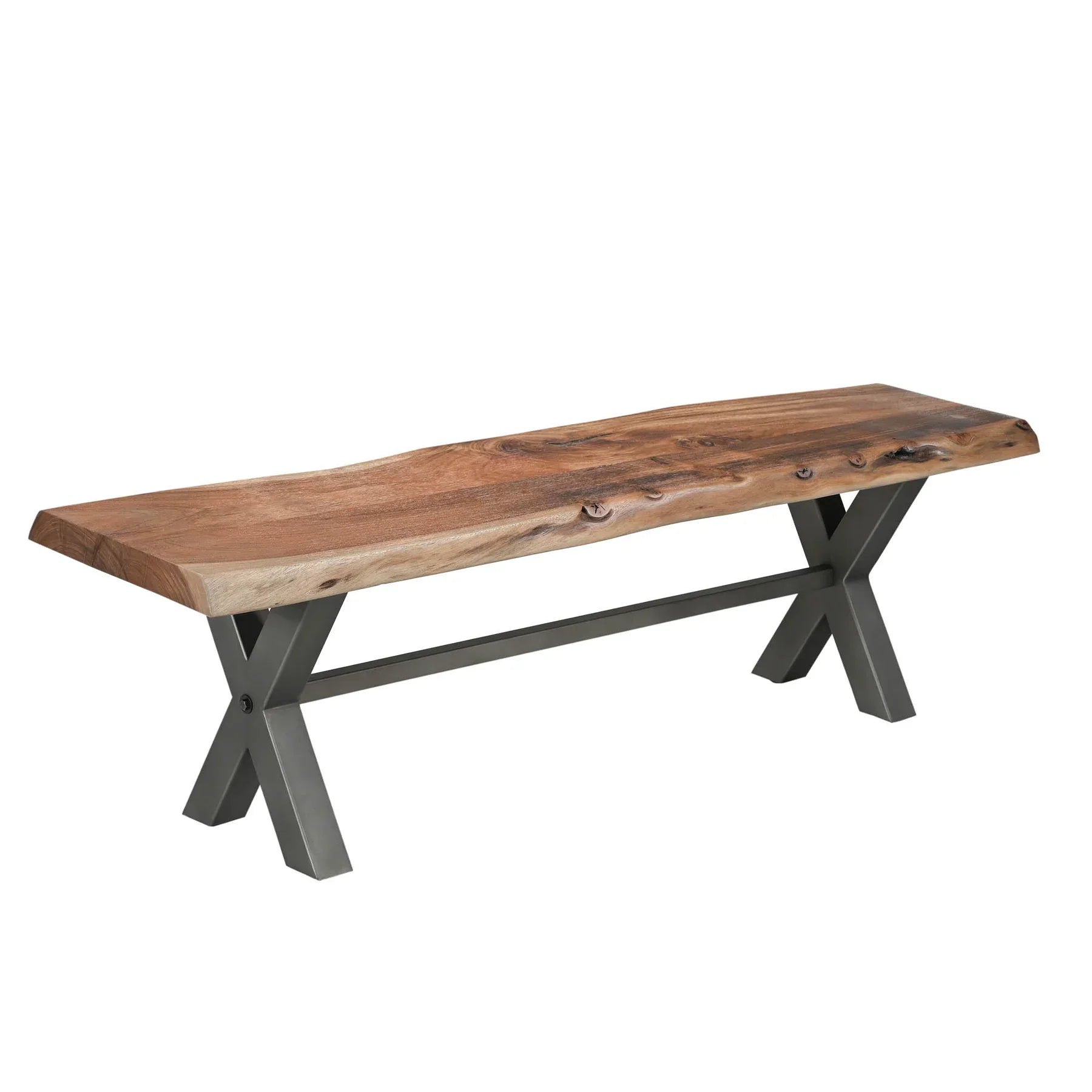 Front view of the Restore bench featuring a natural live-edge acacia wood top and black metal X-frame legs