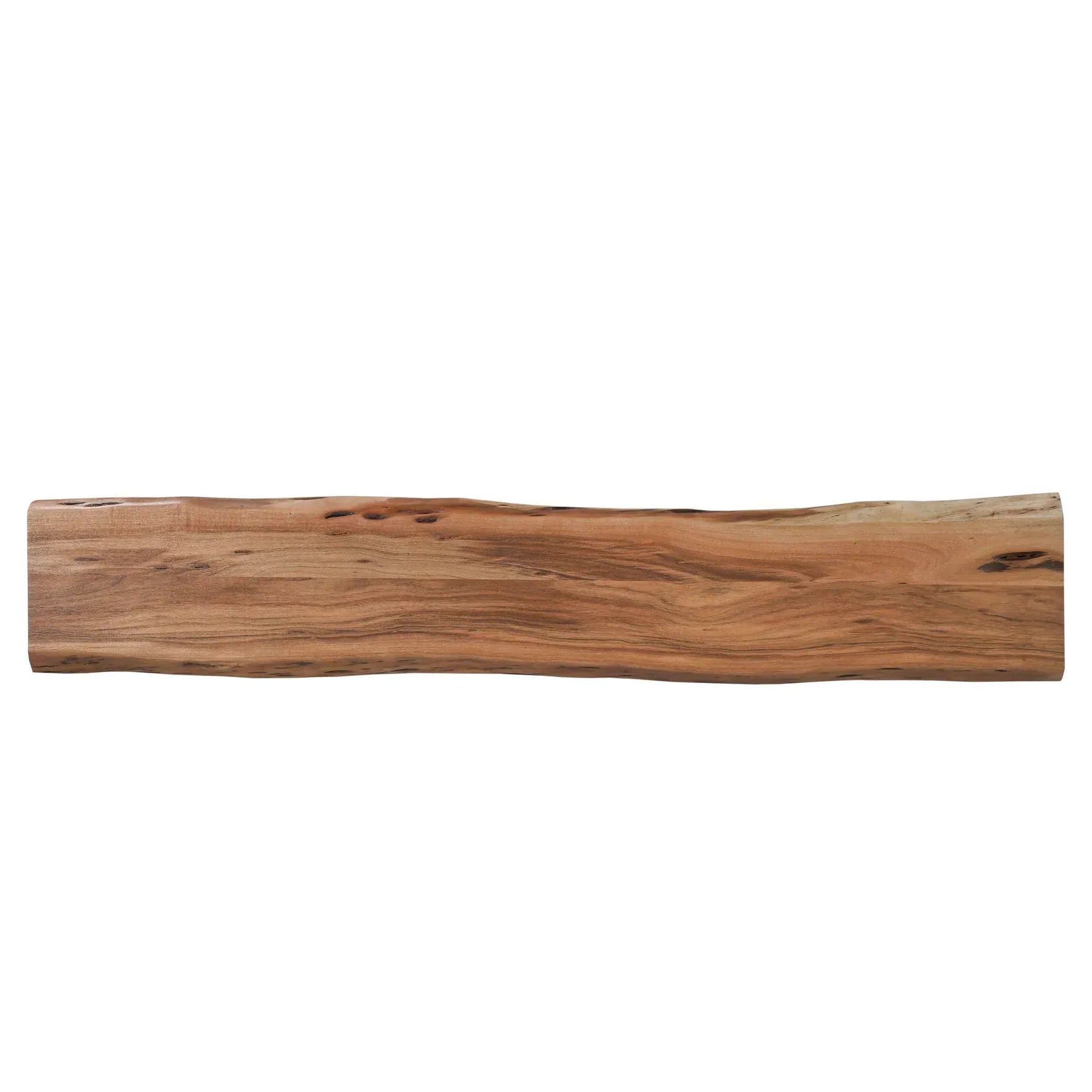 Front view of the Restore bench featuring a natural live-edge acacia wood top and black metal X-frame legs