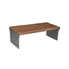 Three-quarter perspective highlighting the organic wood grain and the sleek industrial grey metal leg design