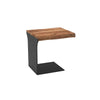 Side angle shot emphasizing the slim profile of the metal base and the organic overhang of the live edge wooden tabletop