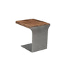 Perspective view showcasing the curved metal support and the warm natural grain of the thick wood surface