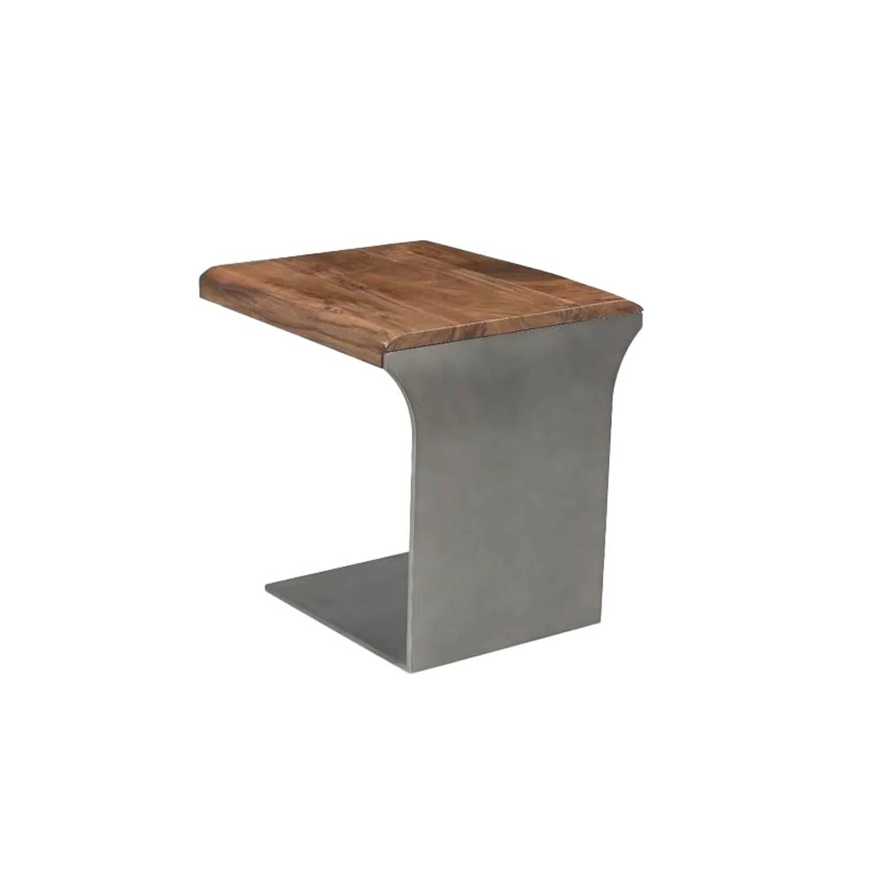 Perspective view showcasing the curved metal support and the warm natural grain of the thick wood surface