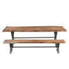 Wide studio perspective showcasing the Restore bench and table set against a clean minimalist background