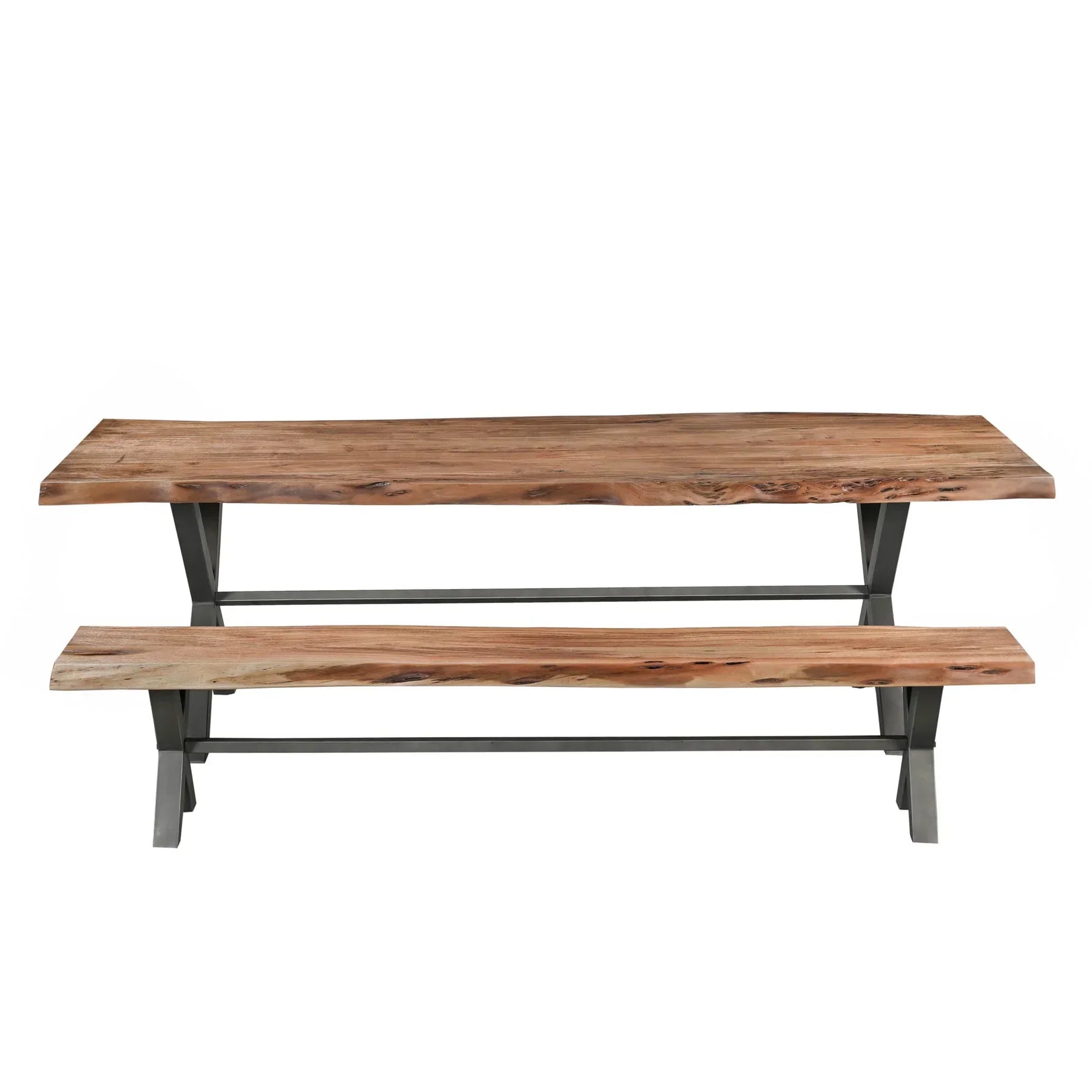 Front view of the Restore bench featuring a natural live-edge acacia wood top and black metal X-frame legs