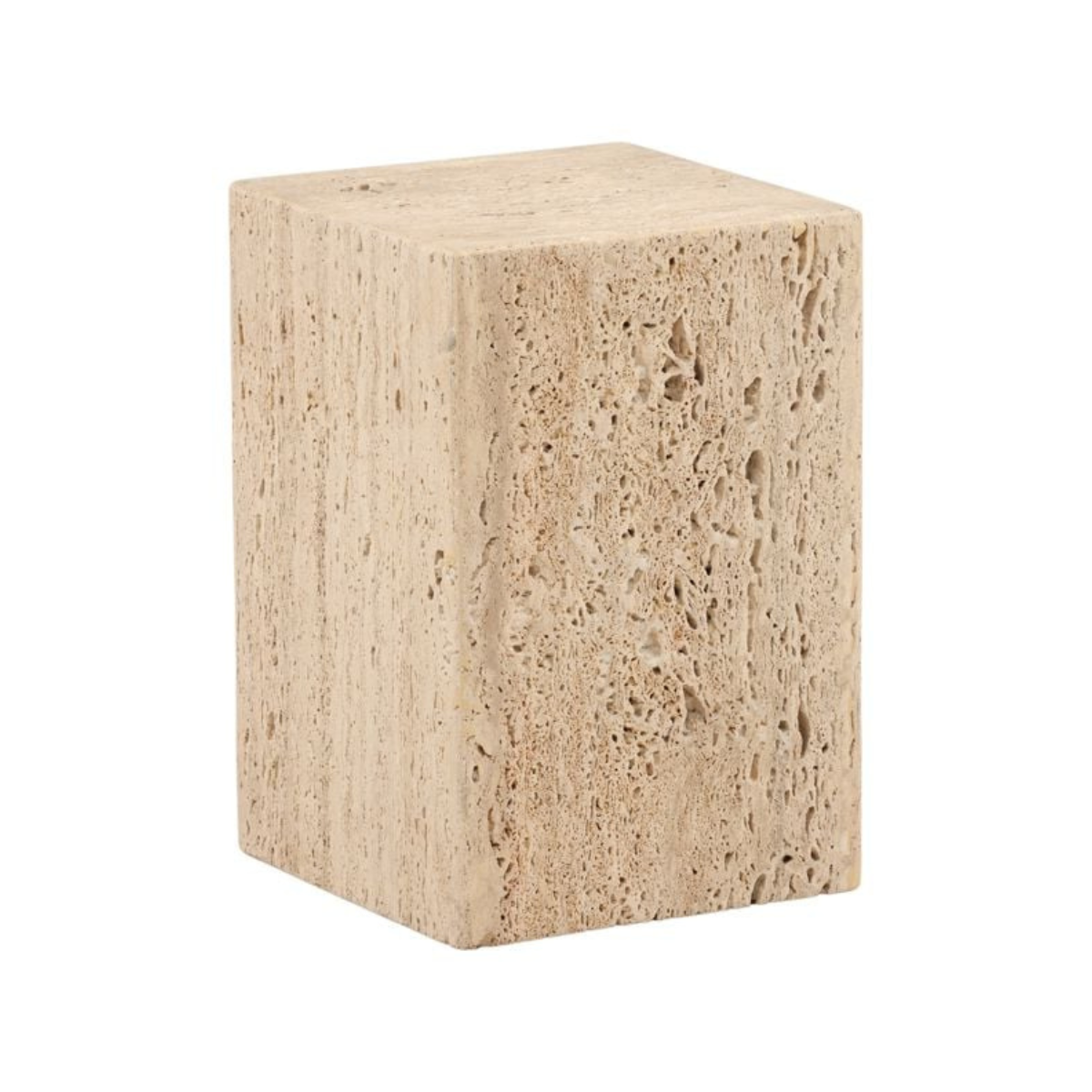 Three-quarter view of the Retha side table featuring a solid rectangular block form crafted from natural beige travertine stone