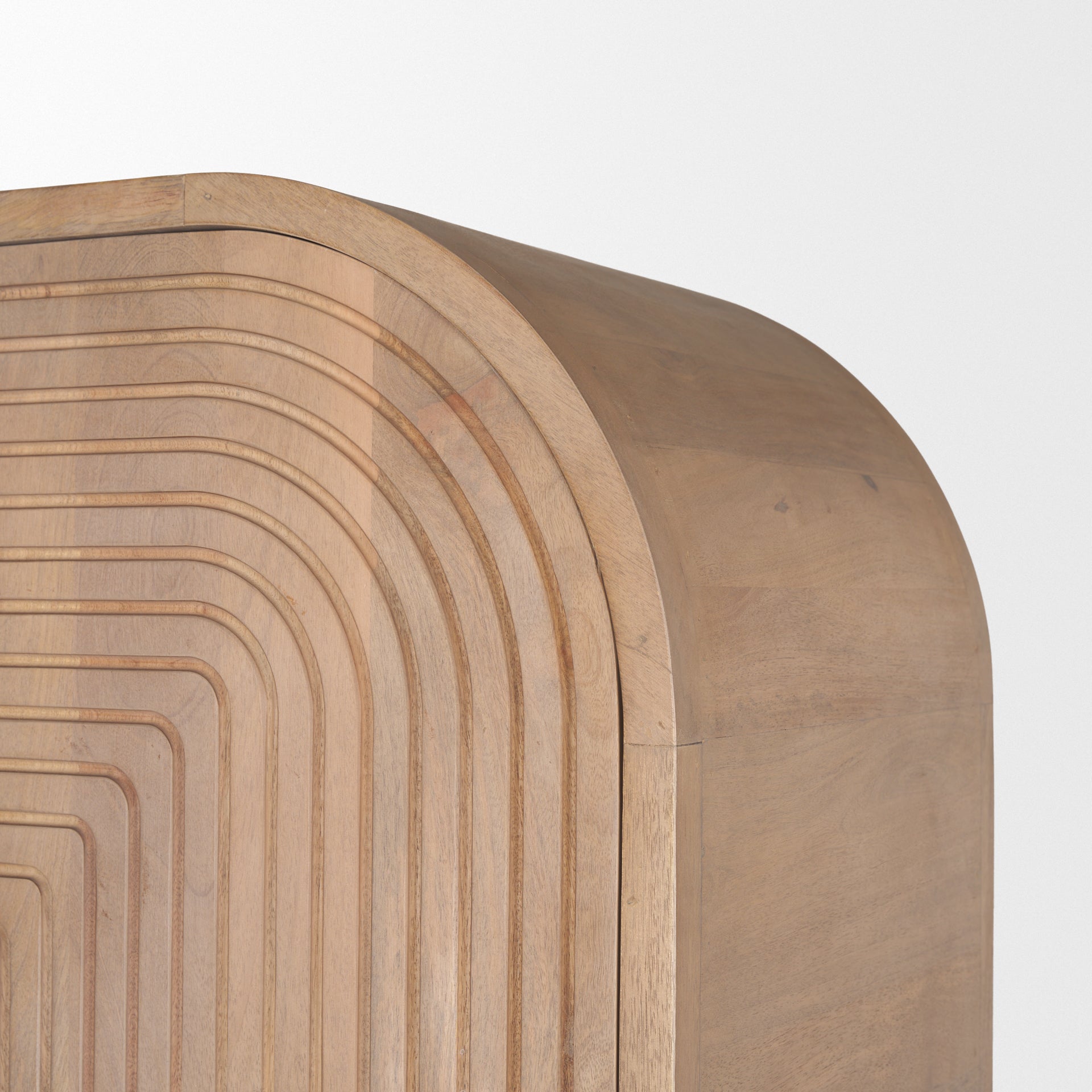 Front view of the Sorina curio cabinet featuring a light brown wood finish and a striking reverse fluted arched design