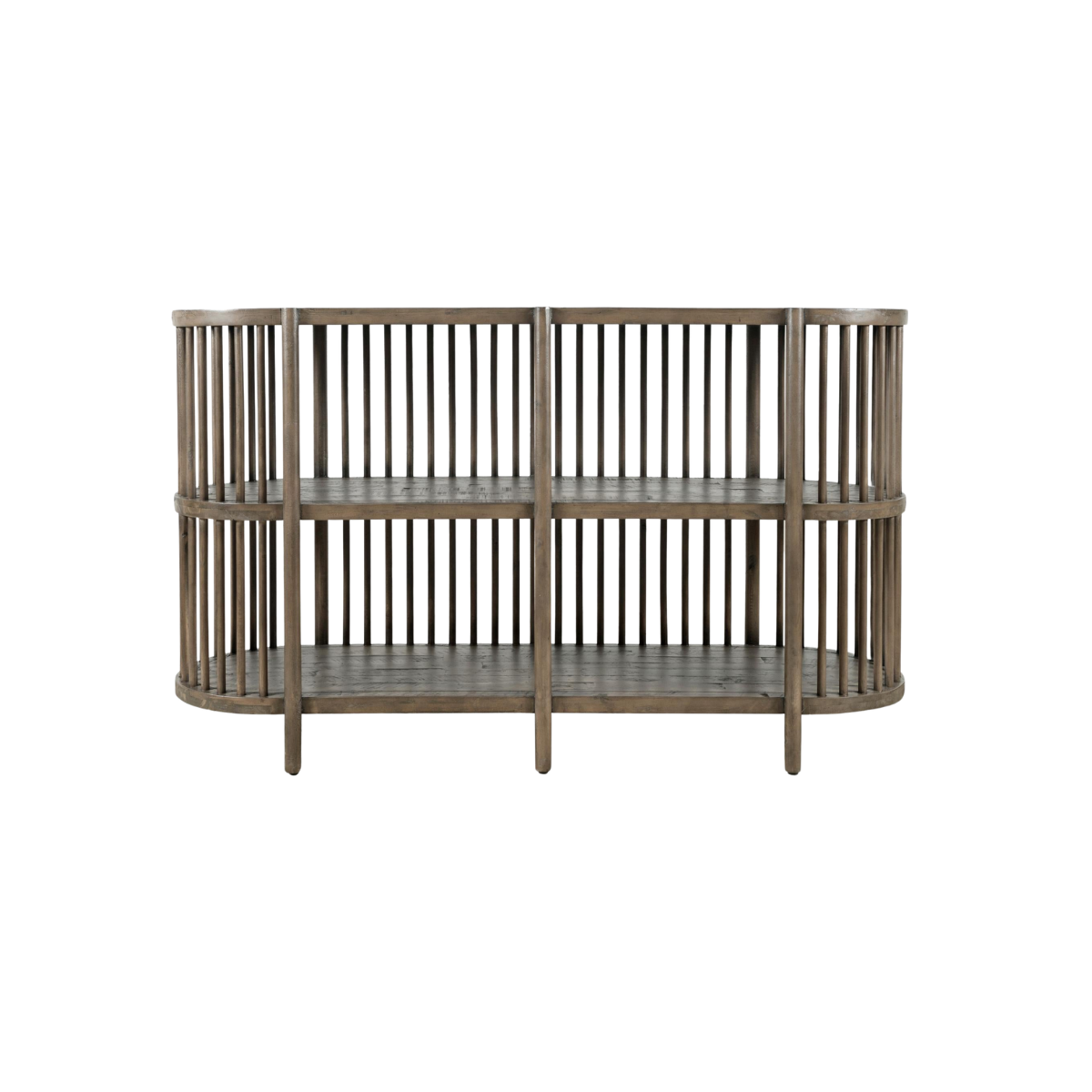 Front view of the Rhapsody 54-inch accent console in a chestnut finish featuring a curved oval silhouette and vertical wood slat design