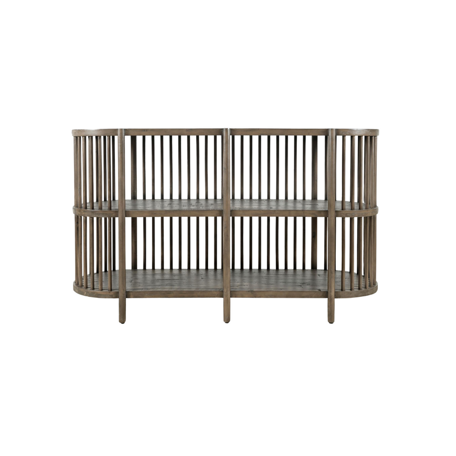 Front view of the Rhapsody 54-inch accent console in a chestnut finish featuring a curved oval silhouette and vertical wood slat design