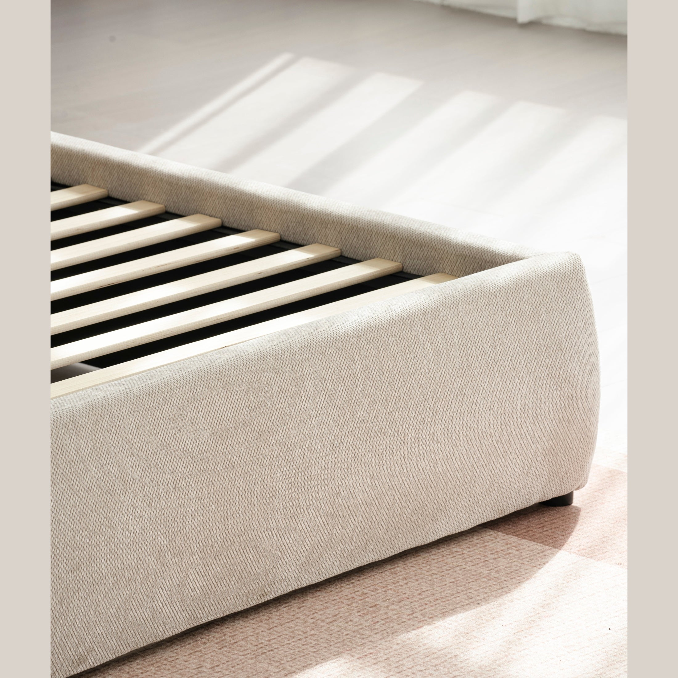 Close-up shot of the rounded sideboard corner highlighting the precise spacing of the vertical chestnut slats
