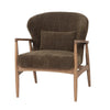 Rhodes club chair in brown fabric with wood frame angled view