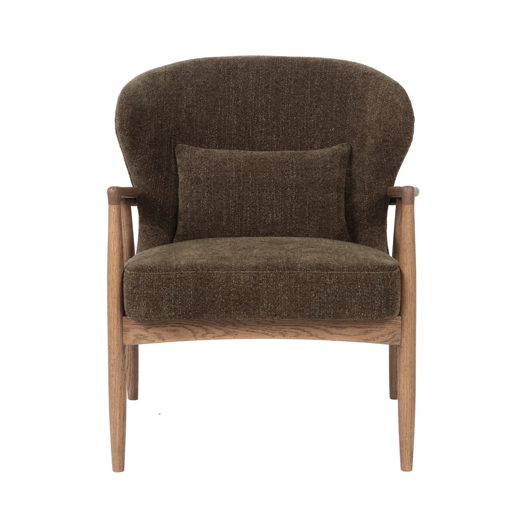Rhodes club chair in brown fabric with wood frame front view