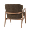 Rhodes club chair in brown fabric with wood frame rear angled view