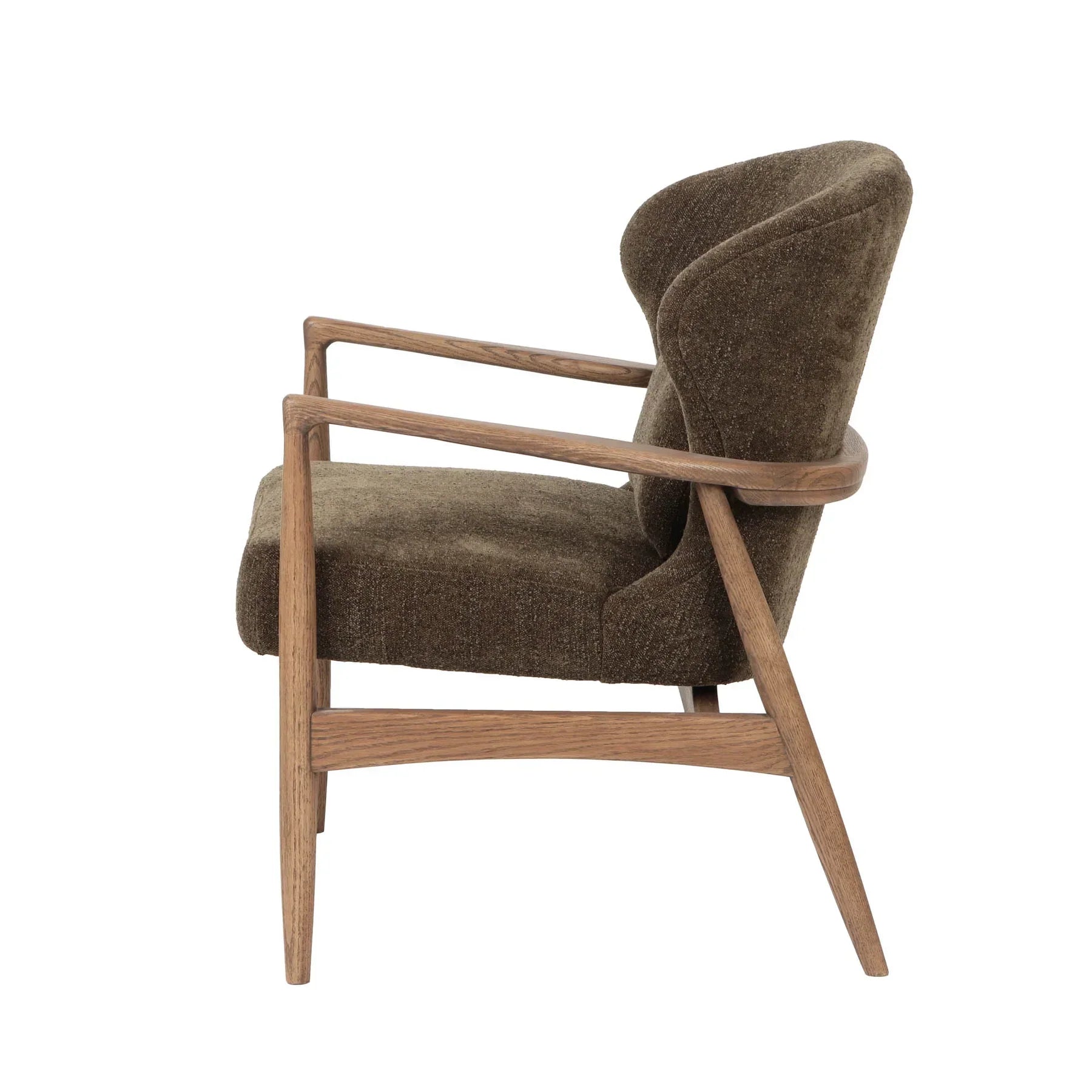 Rhodes club chair in brown fabric with wood frame side profile
