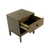 High-angle view with the drawer pulled out highlighting the sturdy construction and minimalist black knob handle