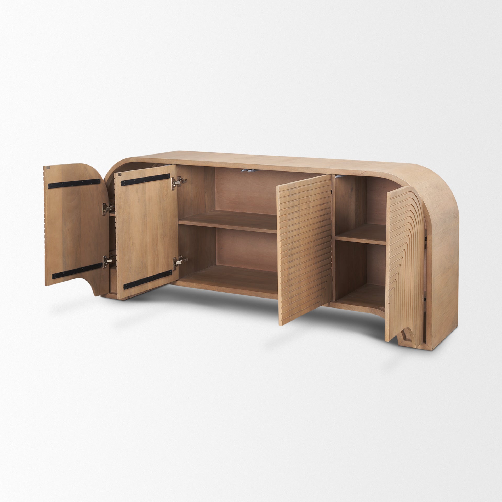 Front view of the Sorina sideboard featuring light brown wood construction with intricate reverse fluted door panels and an elegant arched base