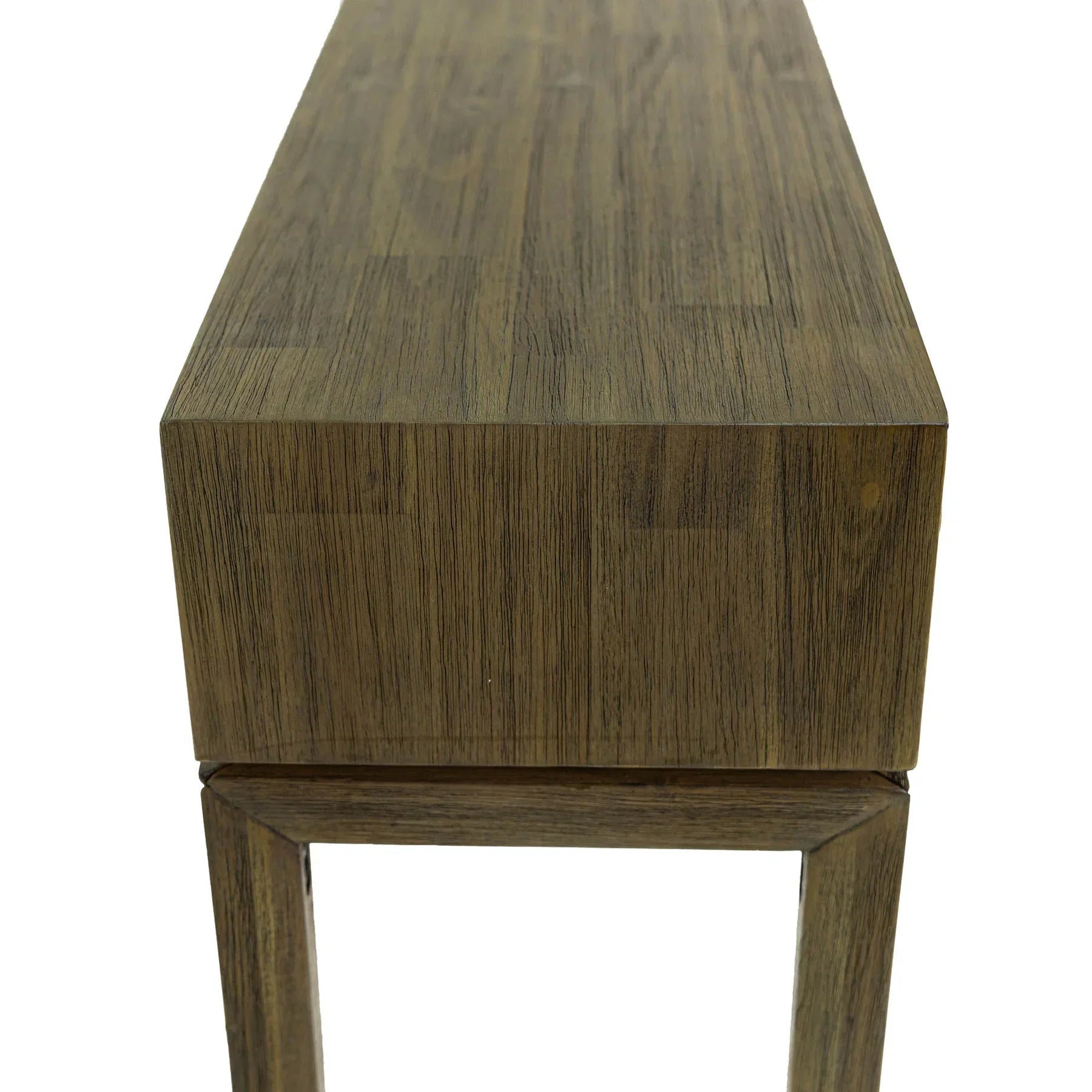 Front view of the West console table in a rich wood finish featuring a slim architectural frame, an integrated drawer with fluted texture, and an open storage cubby
