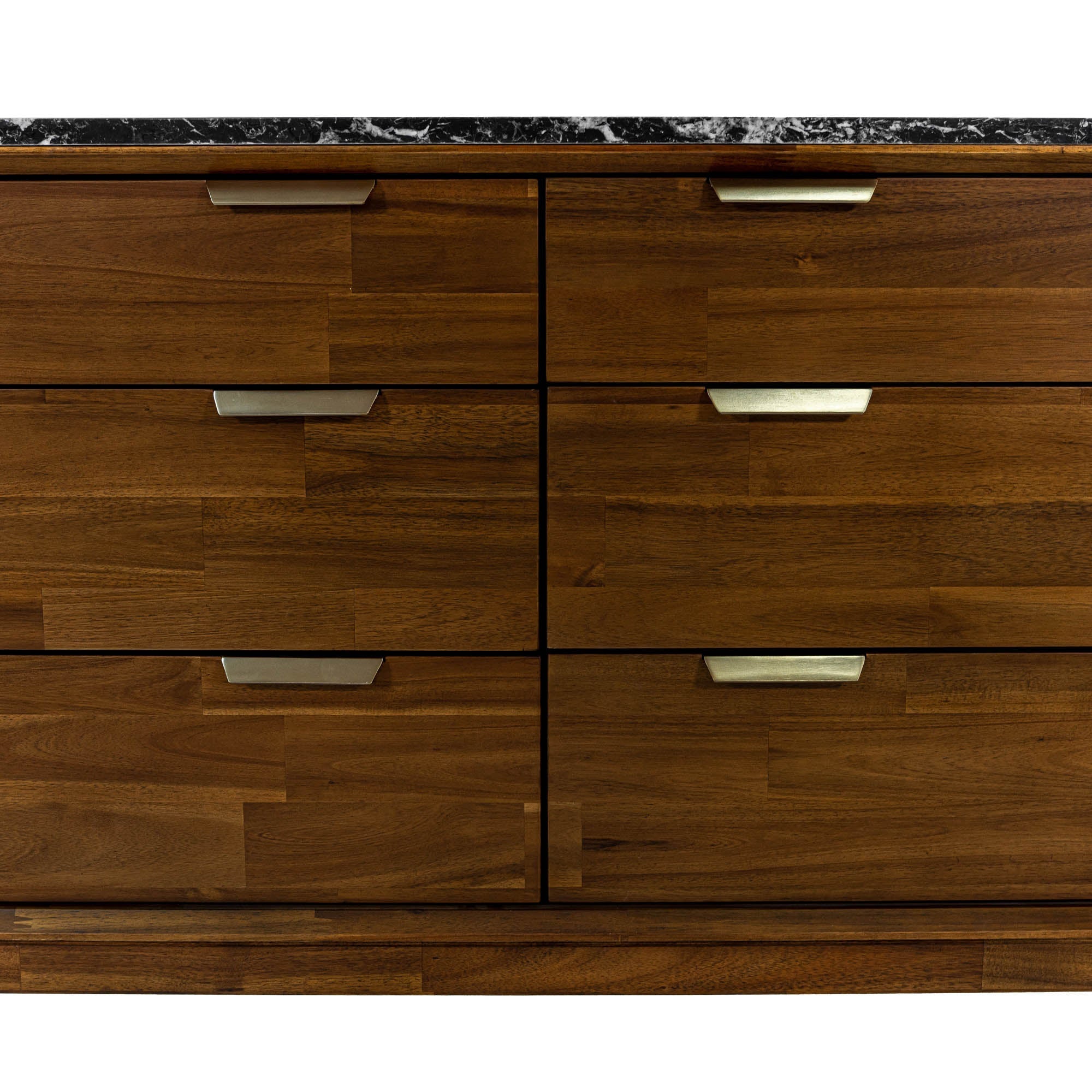 Front view of the Allure 6-drawer dresser featuring a rich walnut wood finish and a striking black faux marble top surface