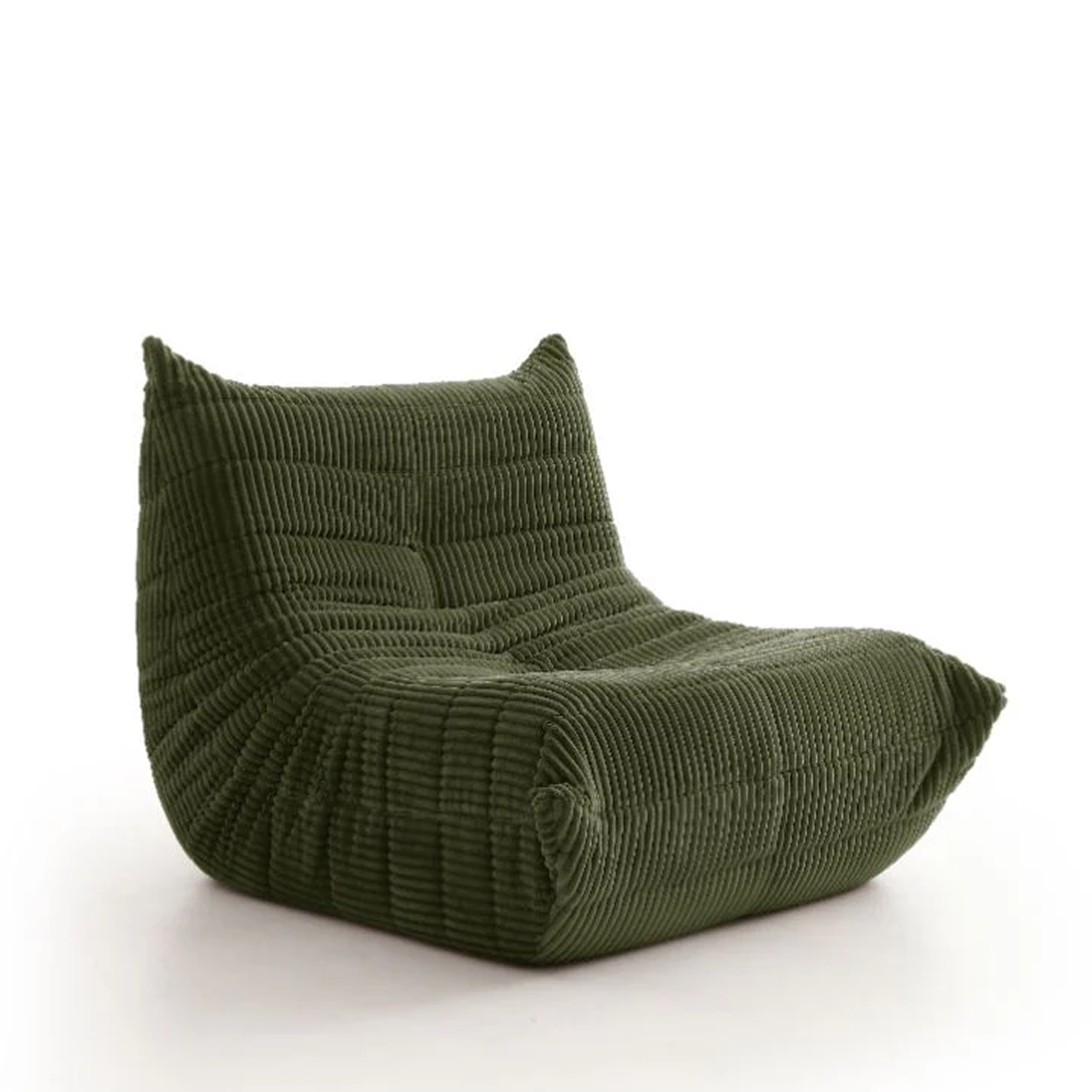 Large front view of the Rigo accent chair in beige corduroy fabric with a low-profile channeled design.