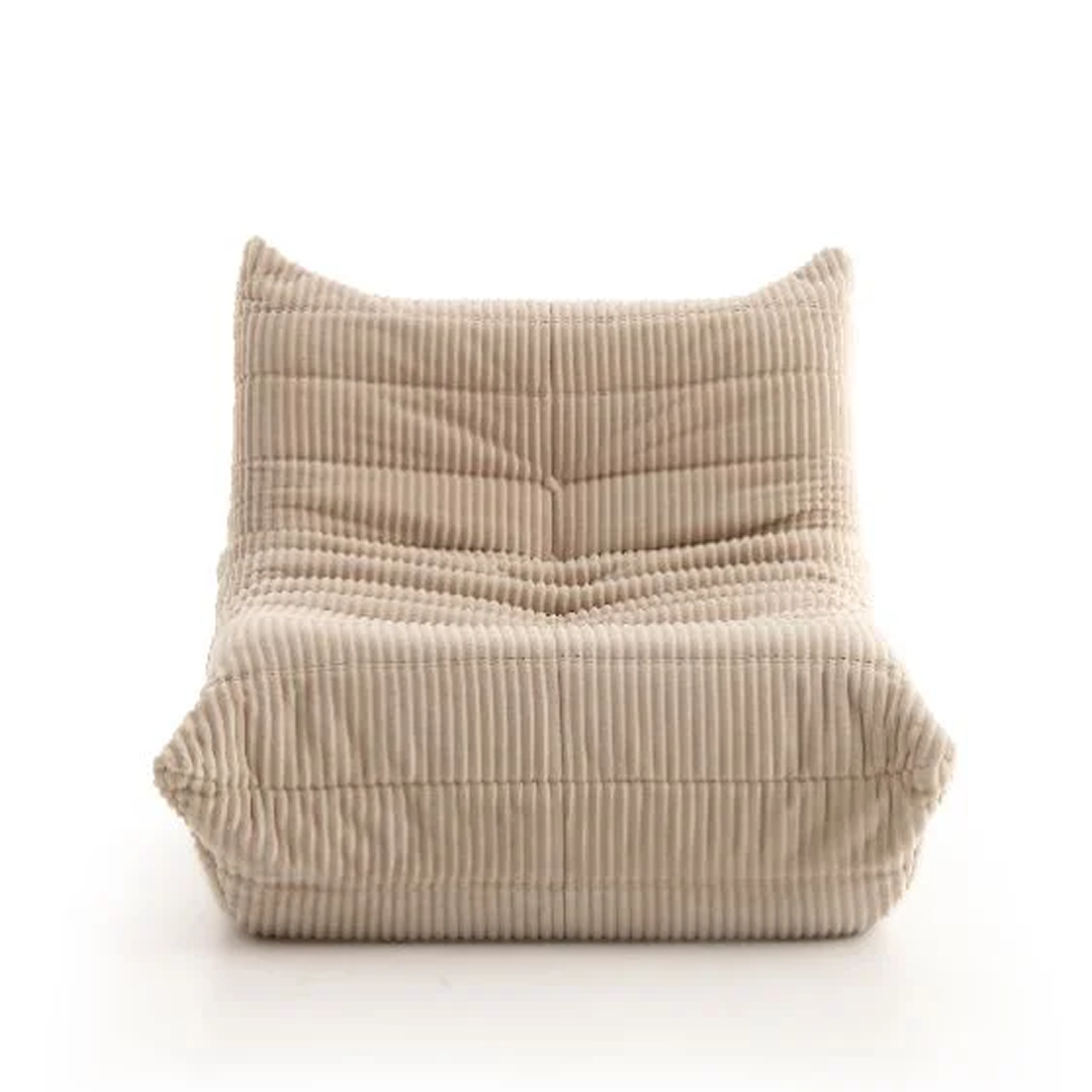 Large front view of the Rigo accent chair in beige corduroy fabric with a low-profile channeled design.