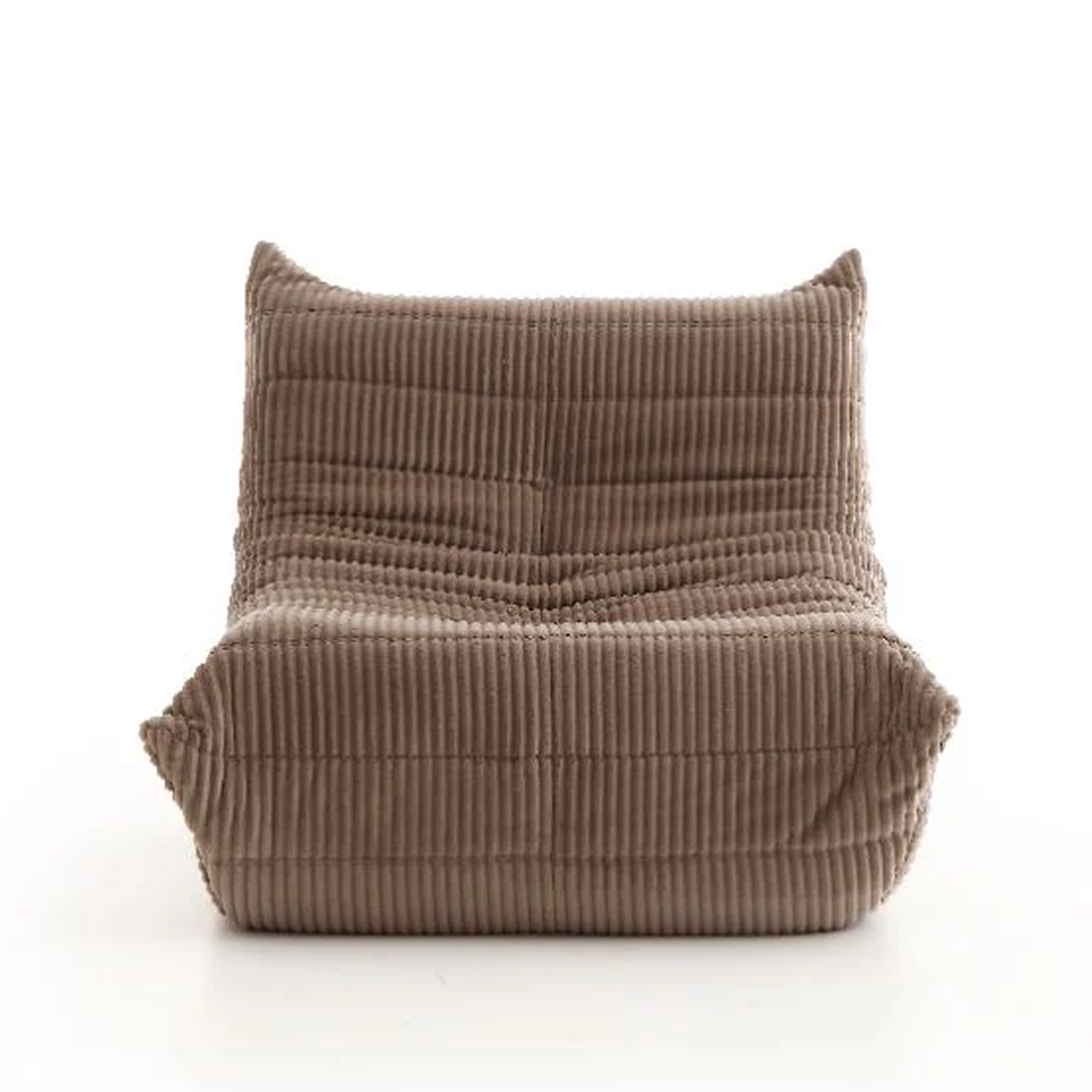 Large front view of the Rigo accent chair in beige corduroy fabric with a low-profile channeled design.