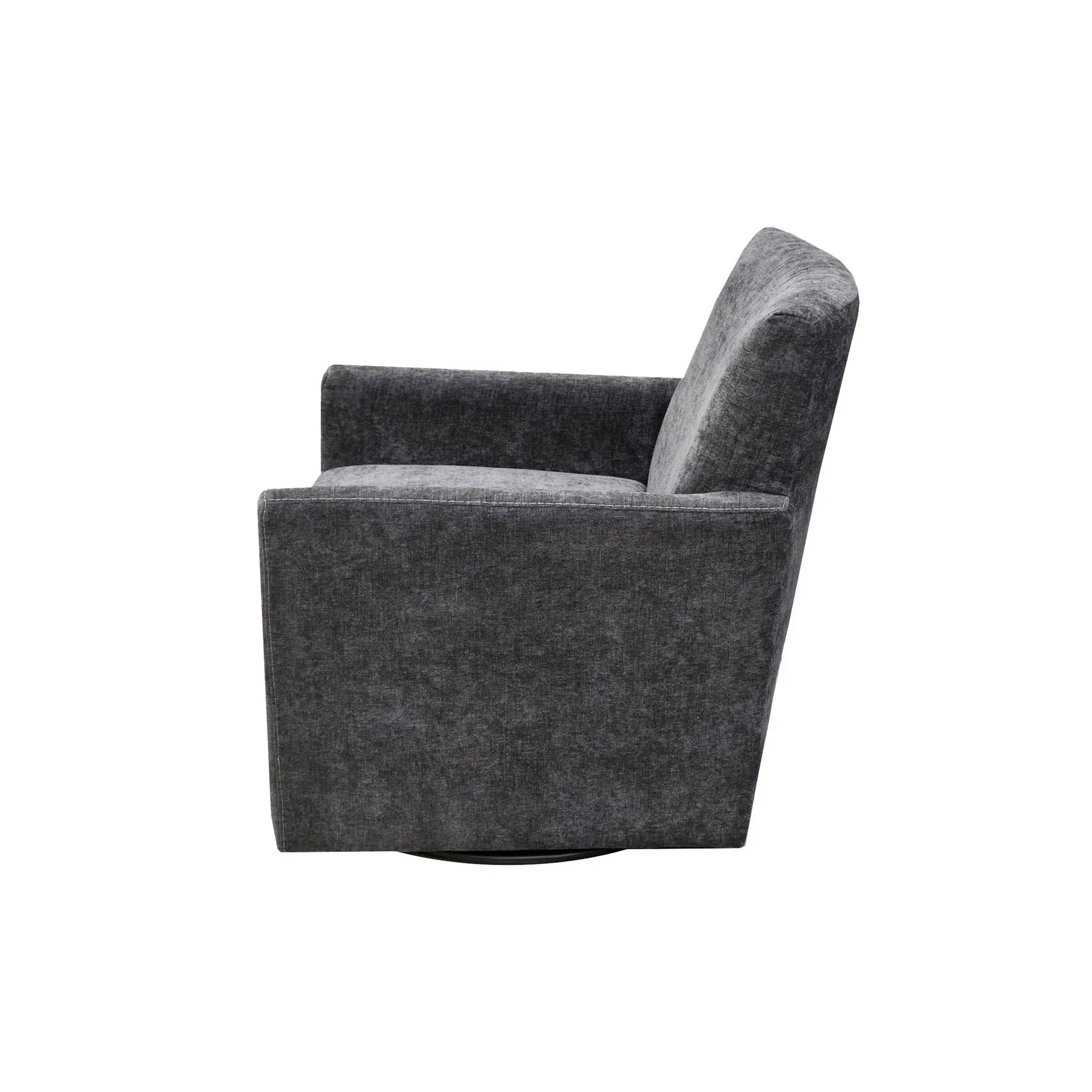 Side profile showcasing the clean vertical lines and the low-profile circular swivel base