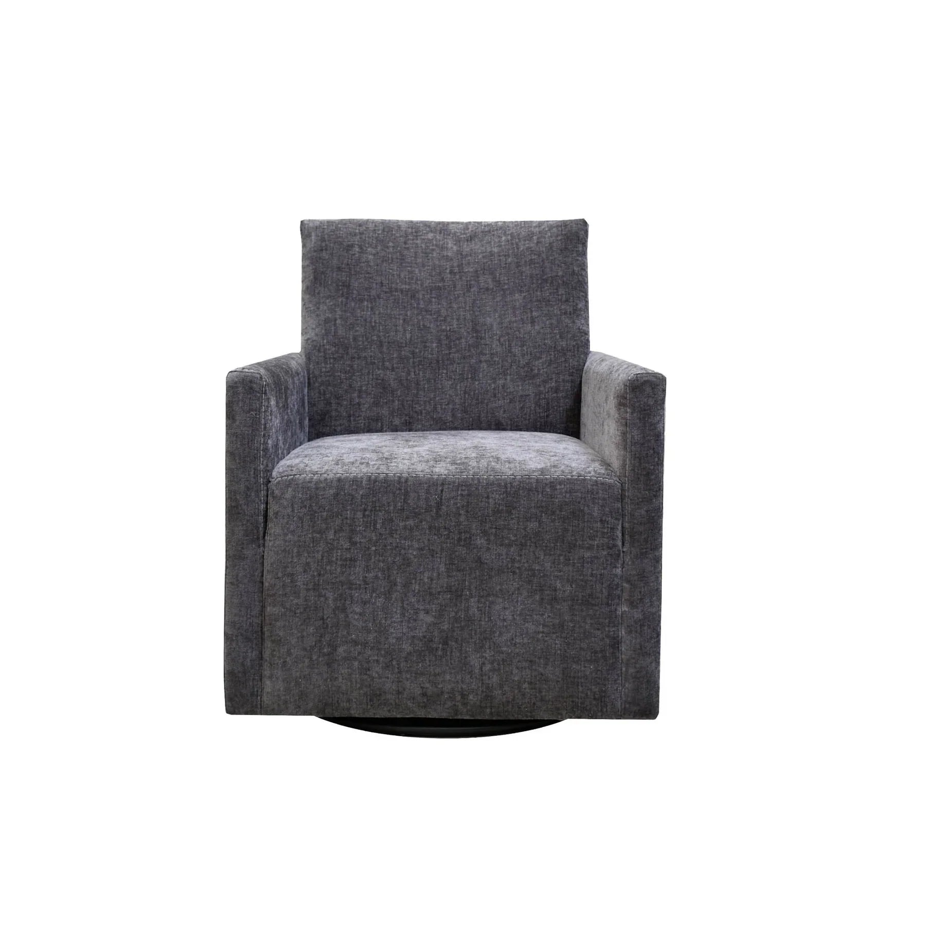 Front view of the Riley Swivel Club Chair in charcoal grey textured fabric featuring a high-back profile and square armrests