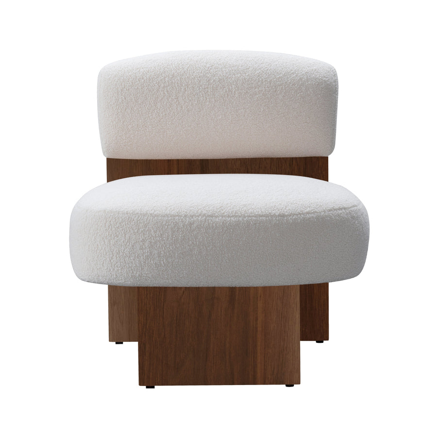 Head-on view of the cream Rines chair variant demonstrating the clean lines and organic texture