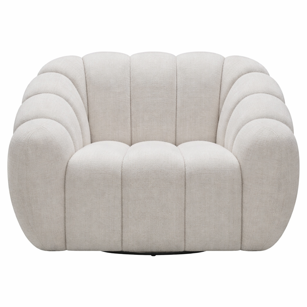 Front view of the Riro Swivel Accent Chair in cream fabric featuring a bold, channeled ribbed design.