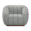 The Riro Swivel Accent Chair shown in a textured grey fabric with a dark wood swivel base.