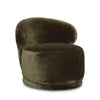 Three-quarter view of the khaki green Rollo chair highlighting its deep circular seat and plush curved cushioning.