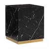 Front perspective view of a square cube end table featuring a black faux marble finish with white veining and a recessed gold plinth base