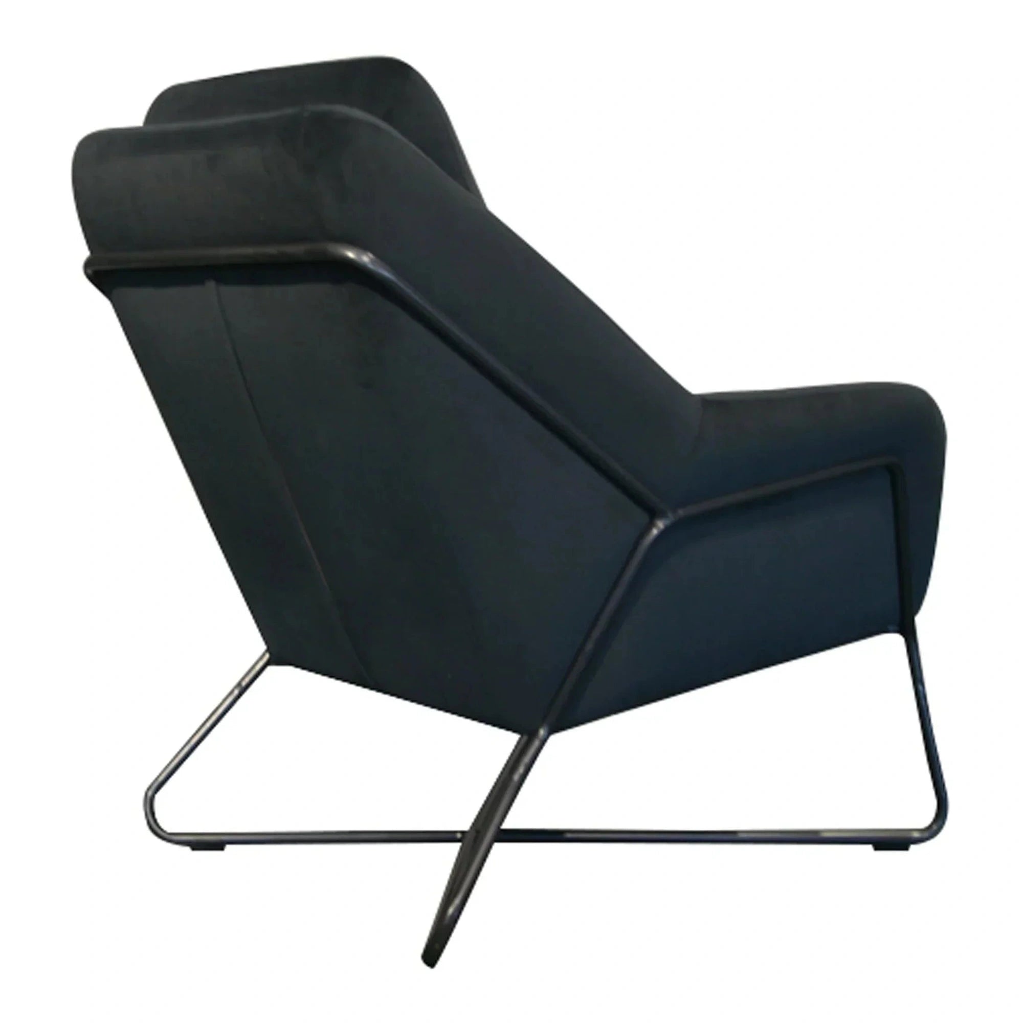 Romeo lounge chair in dark fabric with black metal frame angled view