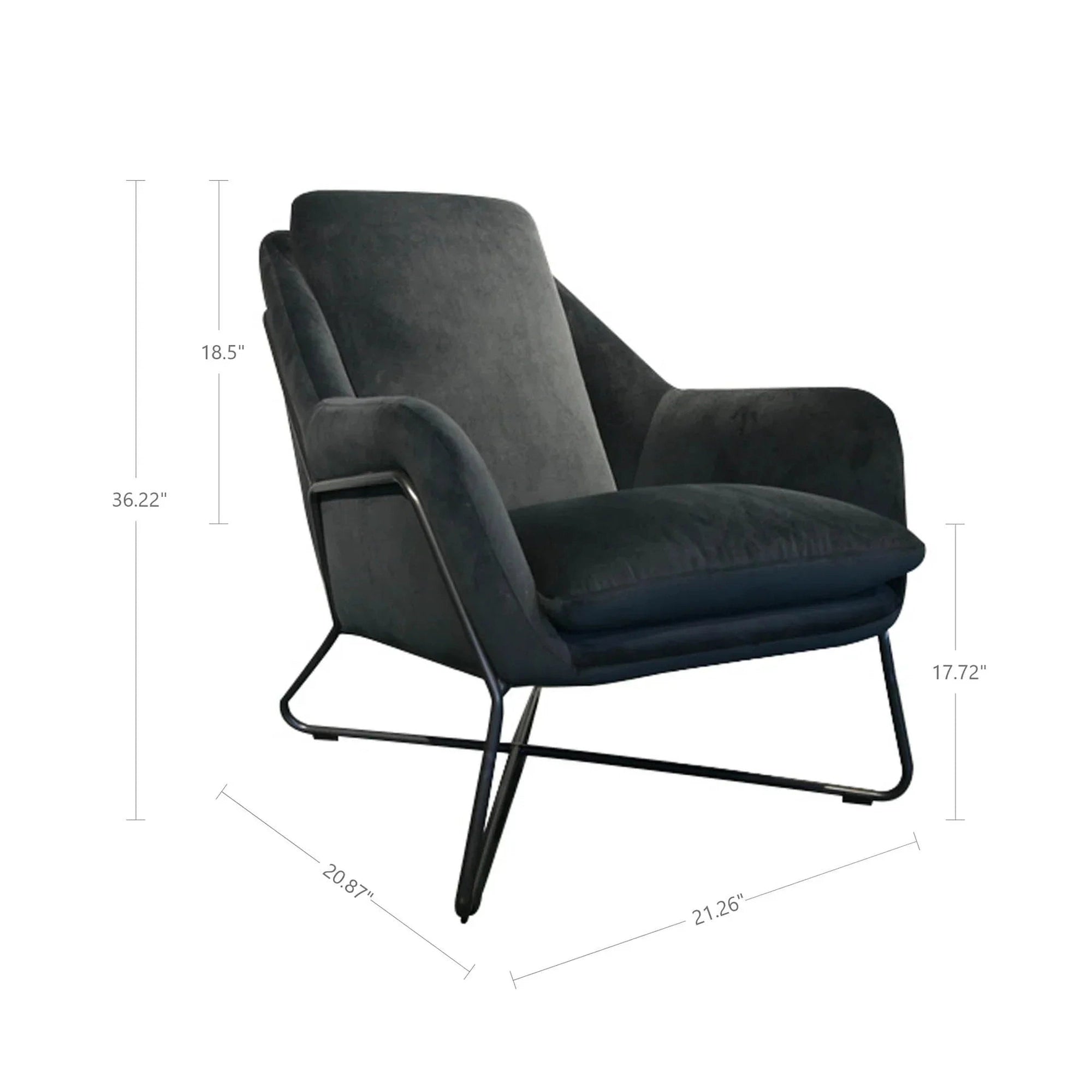 Romeo lounge chair in dark fabric with black metal frame with dimensions