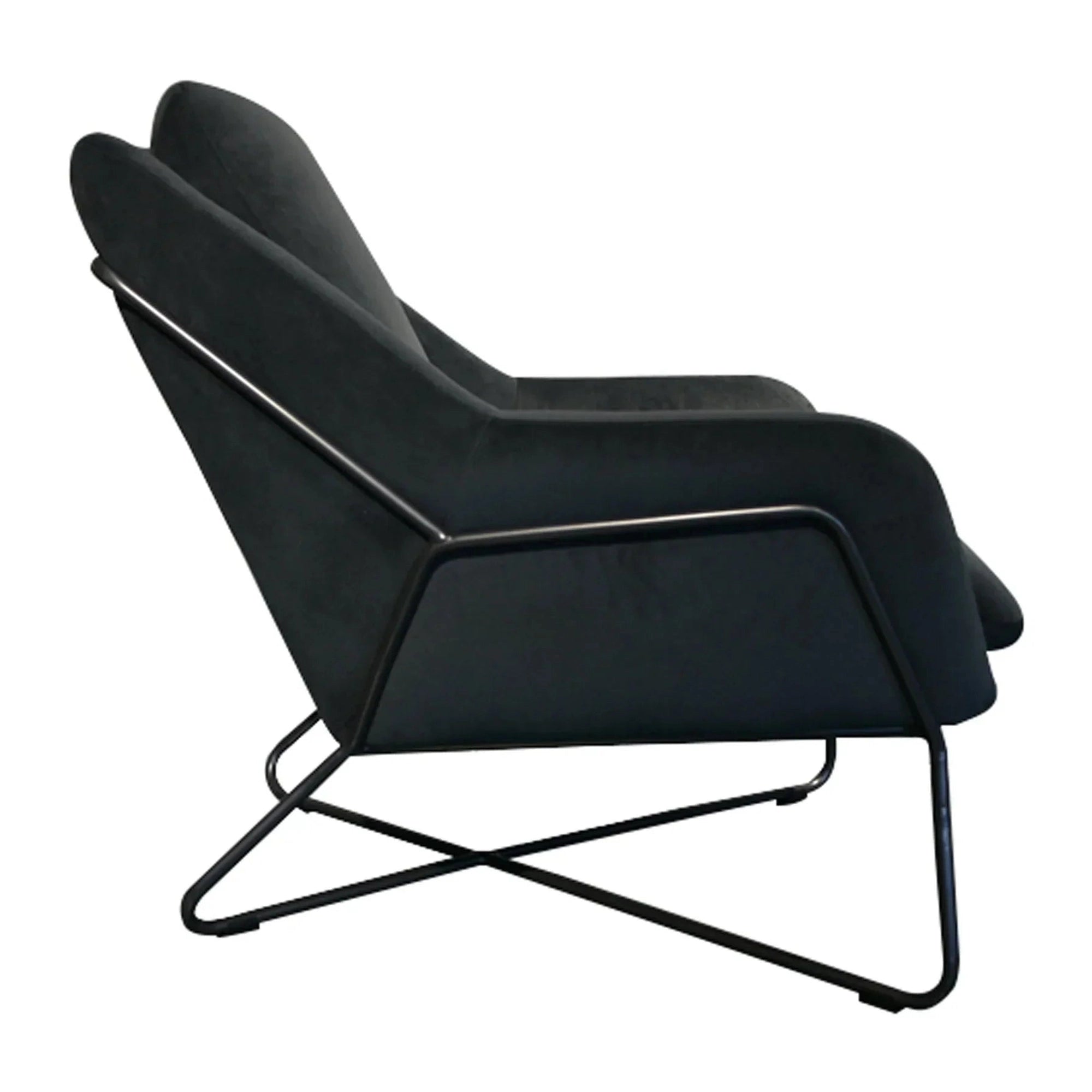 Romeo lounge chair in dark fabric with black metal frame side profile