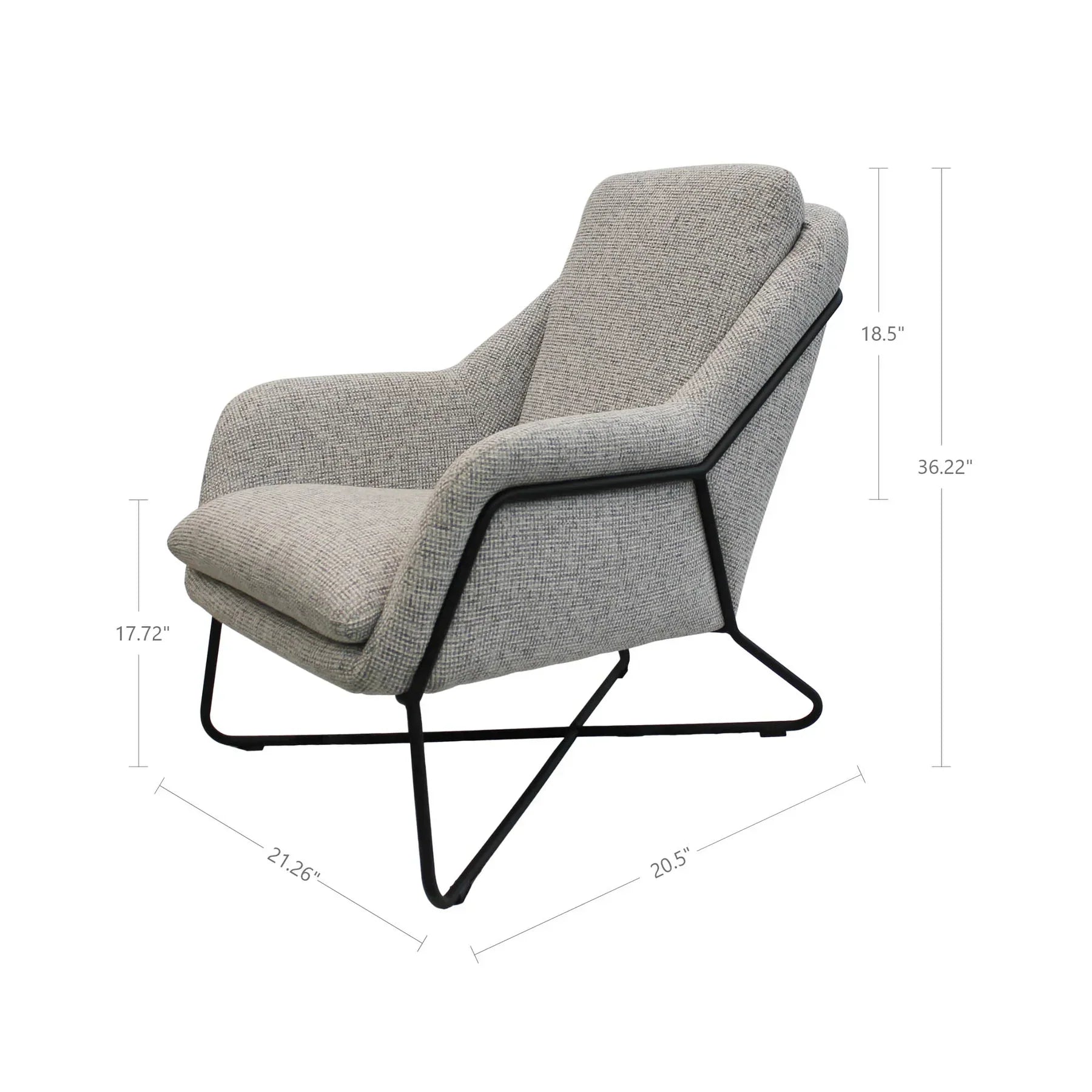 Romeo lounge chair in light fabric with black metal frame with dimensions