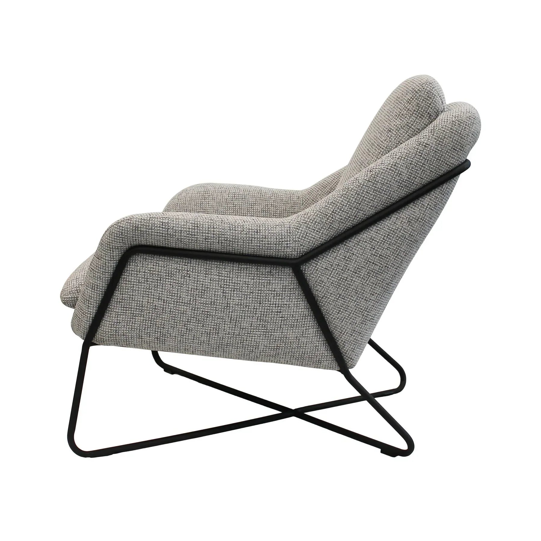 Romeo lounge chair in light fabric with black metal frame side profile
