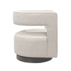 Side profile showcasing the wrap-around arms and the recessed dark wood swivel base