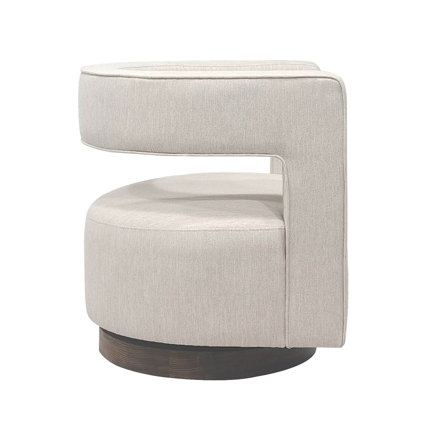 Side profile showcasing the wrap-around arms and the recessed dark wood swivel base