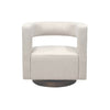 Front view of the Romer Club Chair in white textured fabric with a circular dark wood swivel base