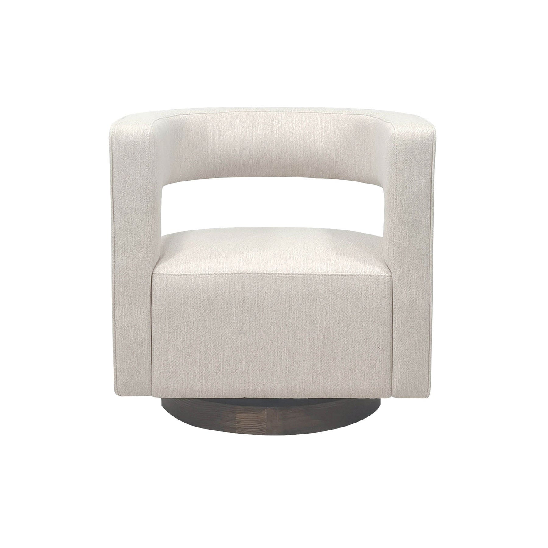 Front view of the Romer Club Chair in white textured fabric with a circular dark wood swivel base