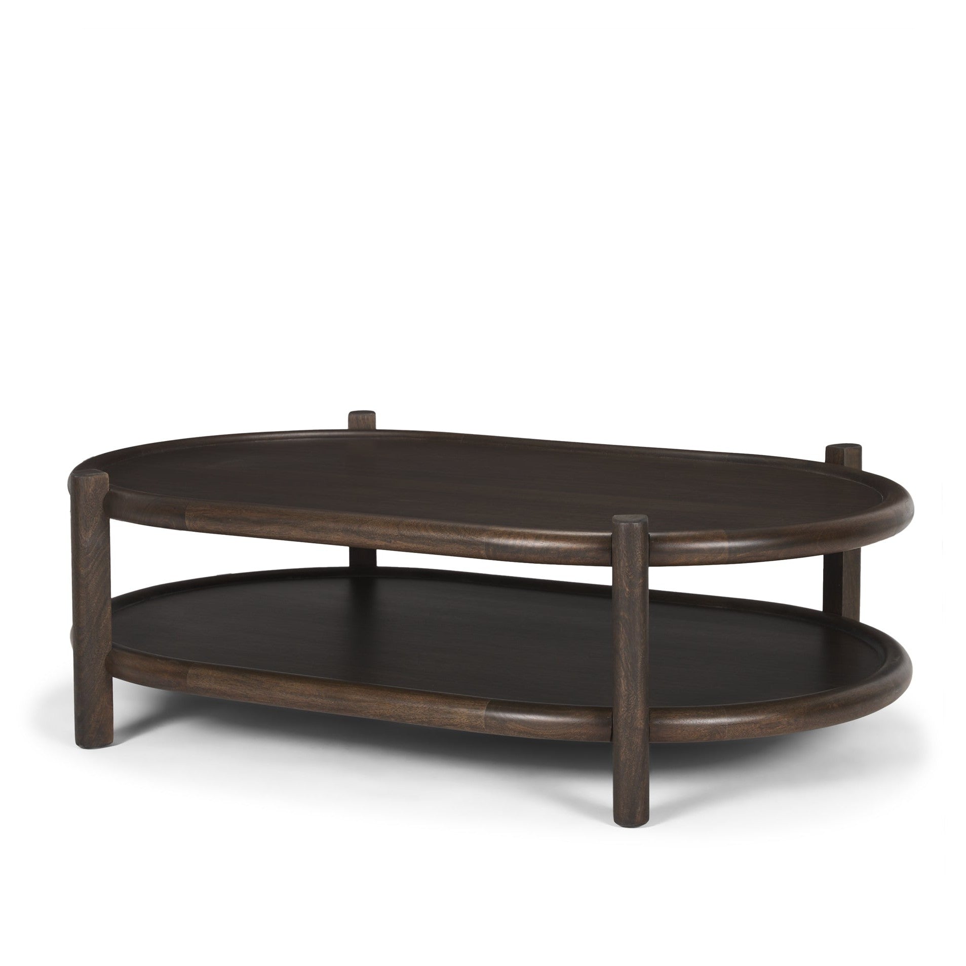 Three-quarter perspective highlighting the tiered oval design and the smooth rounded legs that extend through the tabletop