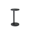 Front view of the Rookie end table featuring a minimalist black metal C-frame design with a slim circular top and matching base