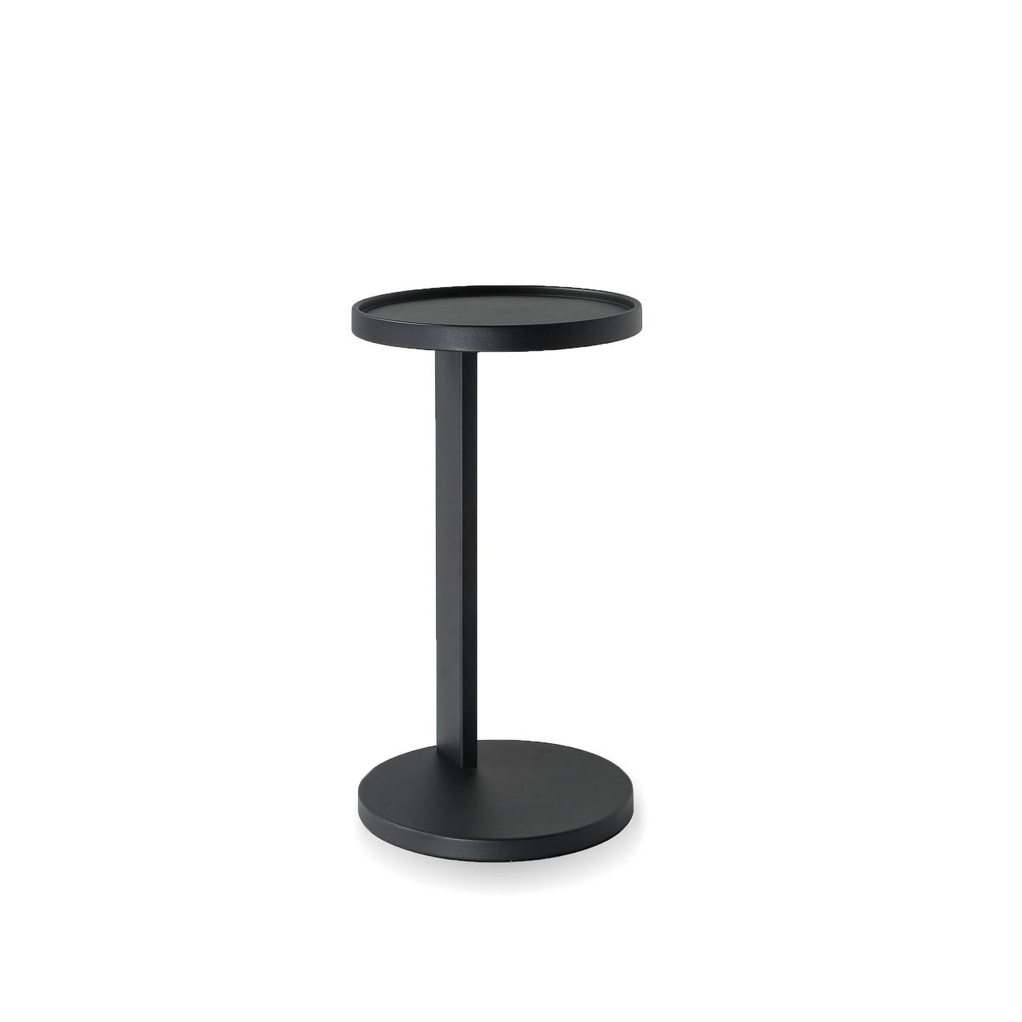 Front view of the Rookie end table featuring a minimalist black metal C-frame design with a slim circular top and matching base